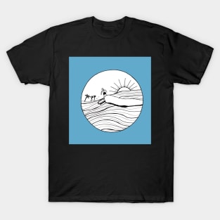 Female Surfer Riding the Wave with a blue background T-Shirt